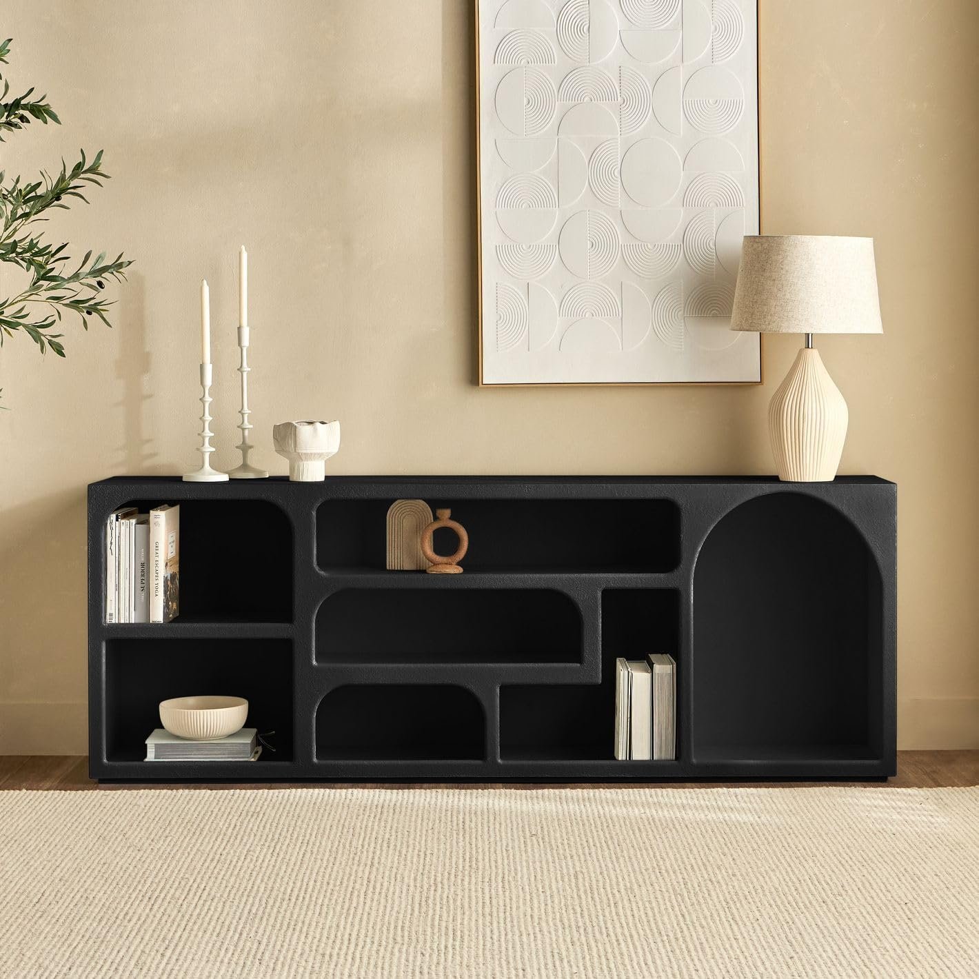 Karnak Float Buffet Modern Sideboard with 3 Doors, Minimalist Rounded-Edge Design, Cylindrical Legs & Concealed Storage (Black) - Image 5