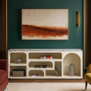 Karnak Float Terrazzo Top Buffet Modern Sideboard with Open Shelving, Plaster Finish & Artistic Geometric Storage Design