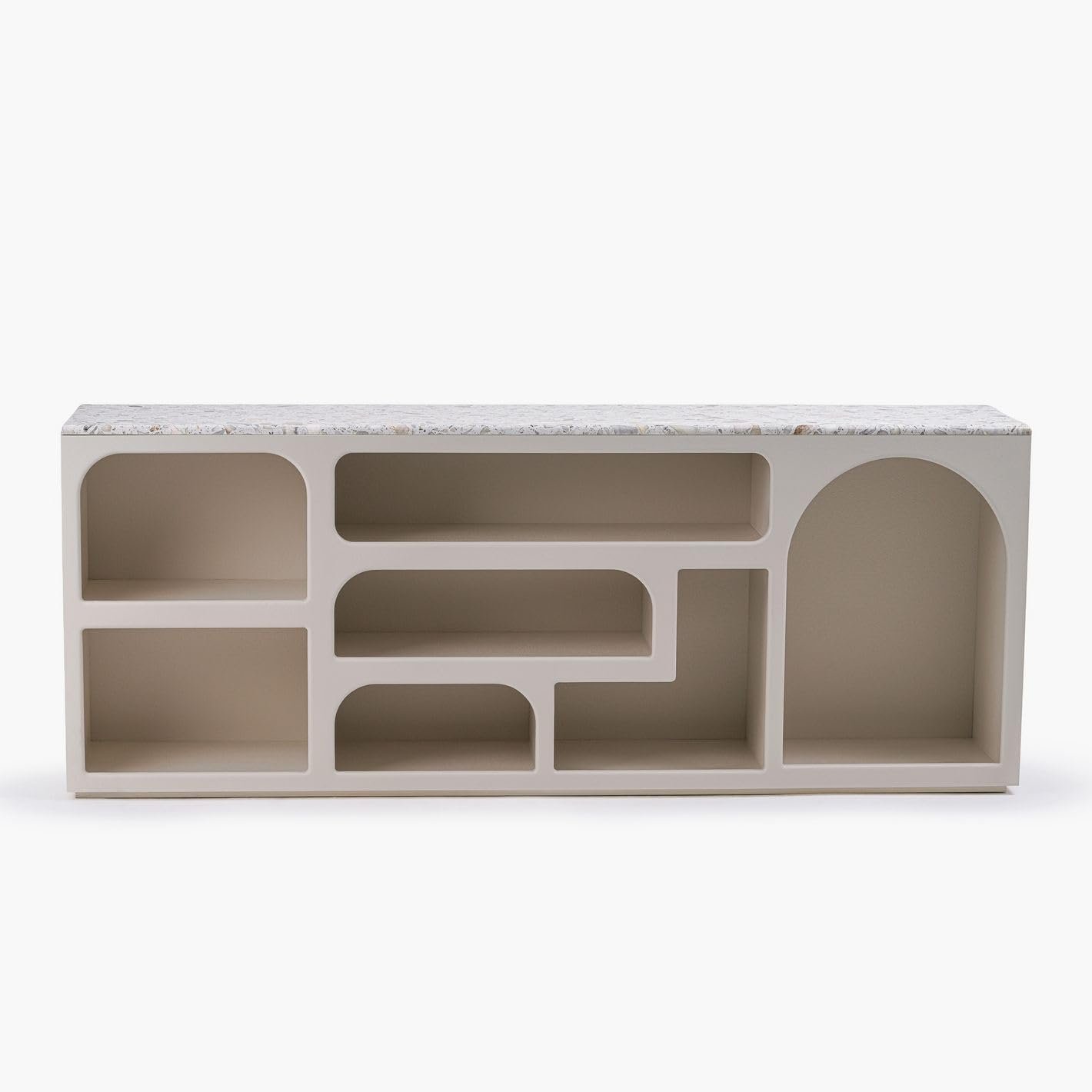 Karnak Float Terrazzo Top Buffet Modern Sideboard with Open Shelving, Plaster Finish & Artistic Geometric Storage Design - Image 3