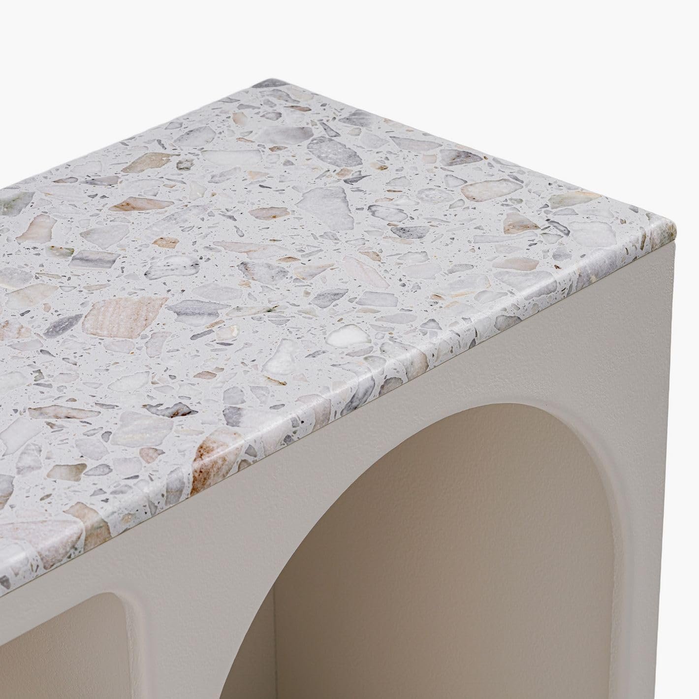 Karnak Float Terrazzo Top Buffet Modern Sideboard with Open Shelving, Plaster Finish & Artistic Geometric Storage Design - Image 5