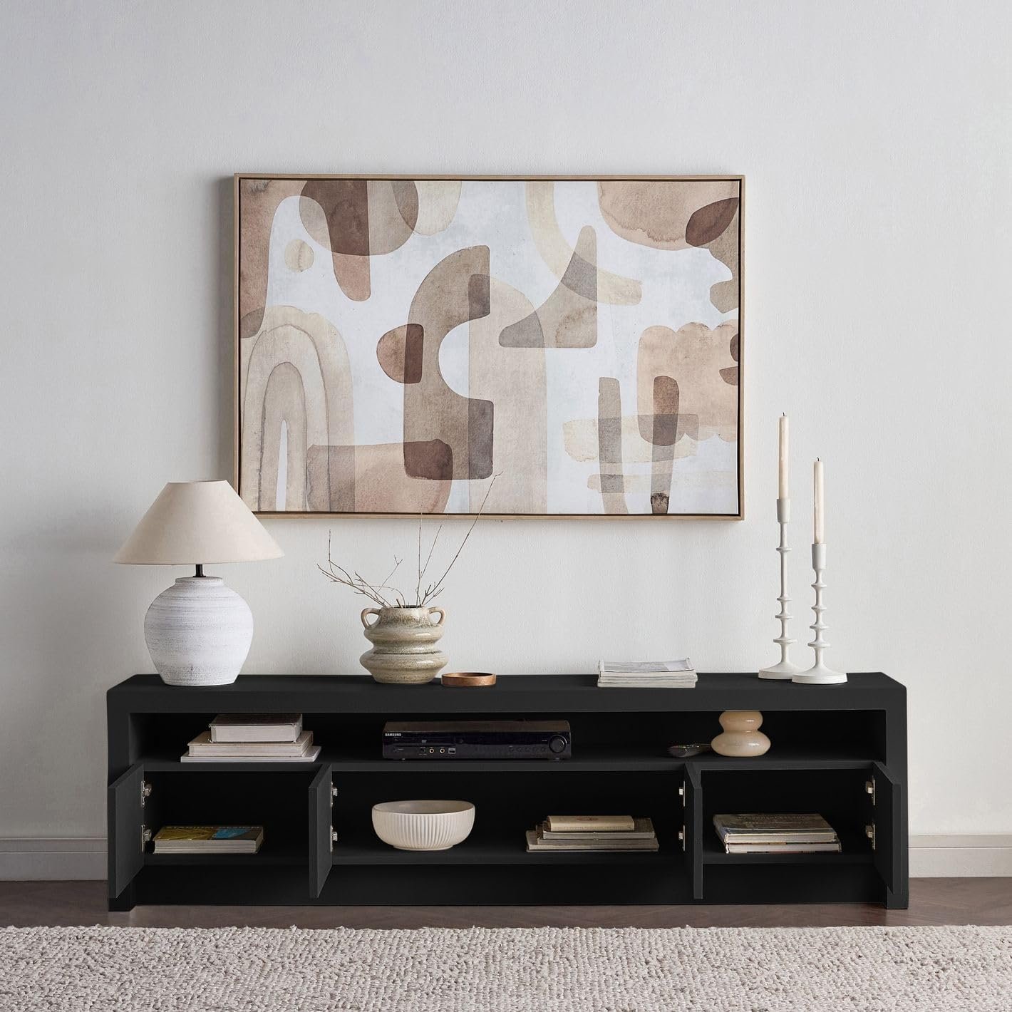 Karnak Horizon TV Unit | Modern Media Console with 4 Doors & Shelf | Elegant Wooden TV Cabinet with Storage for Living Room Furniture (Black) - Image 3