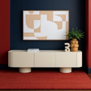 Karnak Meadow TV Unit | Modern Media Console with 3 Cabinets | Elegant Wooden TV Stand for Living Room Furniture Fits TVs Up to 65" (Beige)