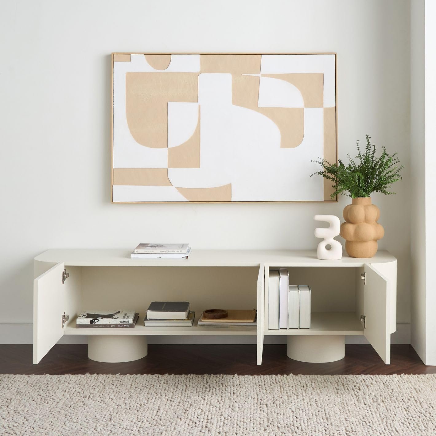 Karnak Meadow TV Unit | Modern Media Console with 3 Cabinets | Elegant Wooden TV Stand for Living Room Furniture Fits TVs Up to 65" (Beige) - Image 3