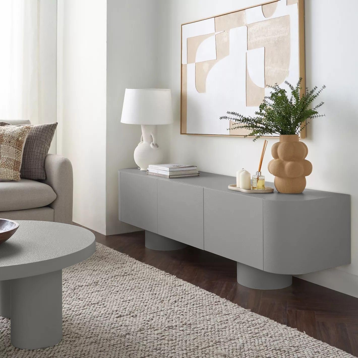 Karnak Meadow TV Unit | Modern Media Console with 3 Cabinets | Elegant Wooden TV Stand for Living Room Furniture Fits TVs Up to 65" (Beige) - Image 14