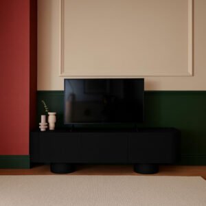 Karnak Meadow TV Unit | Modern Media Console with 3 Cabinets | Elegant Wooden TV Stand for Living Room Furniture Fits TVs Up to 65" (Black)