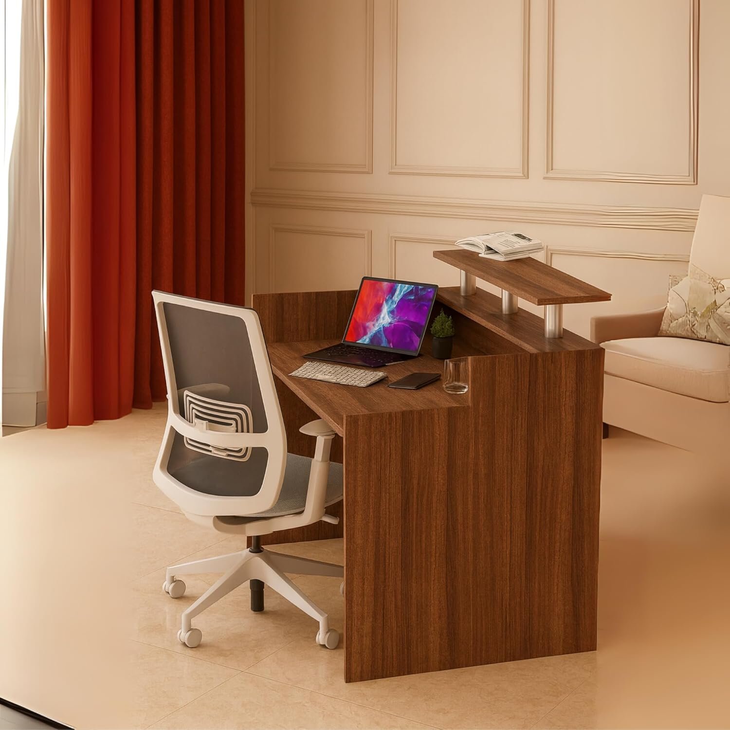 Karnak Modern 2-Person Reception Desk | Office Counter Table | Elegant MDF Front Desk for Hotel, Office & Restaurant (Dark Brown) - Image 3