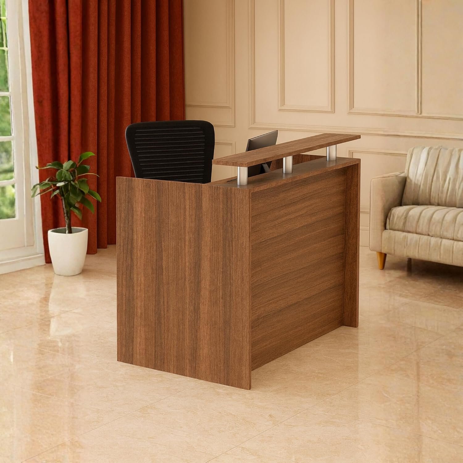 Karnak Modern 2-Person Reception Desk | Office Counter Table | Elegant MDF Front Desk for Hotel, Office & Restaurant (Dark Brown) - Image 7