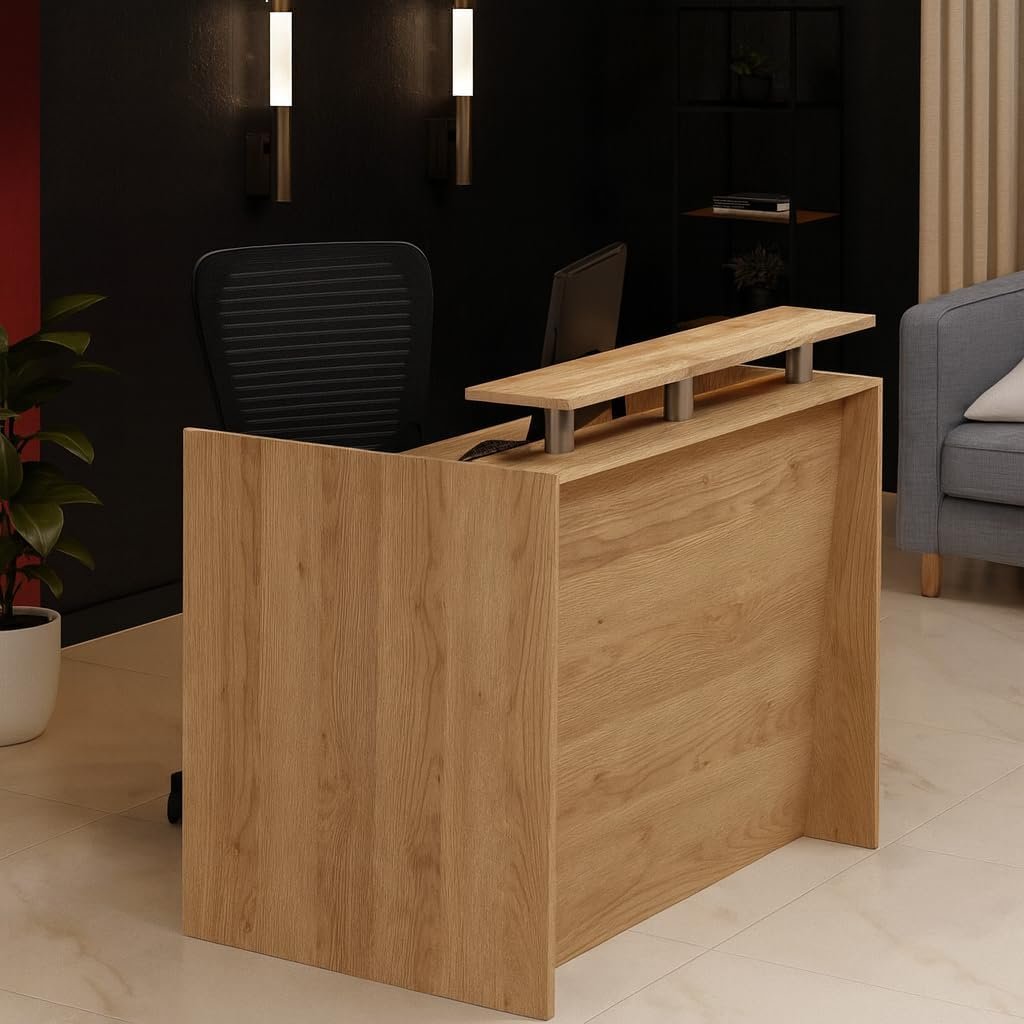 Karnak Modern 2-Person Reception Desk | Office Counter Table | Elegant MDF Front Desk for Hotel, Office & Restaurant (Light Brown) - Image 34