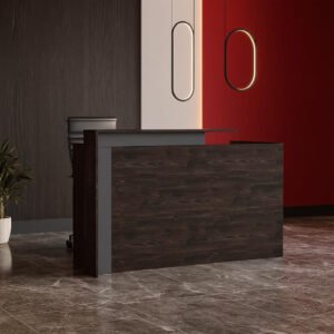Karnak Modern Reception Desk 2-Person Office Counter | Front Desk for Office, Hotel & Restaurant Use | Durable Workstation Table (Black Oak Brown)