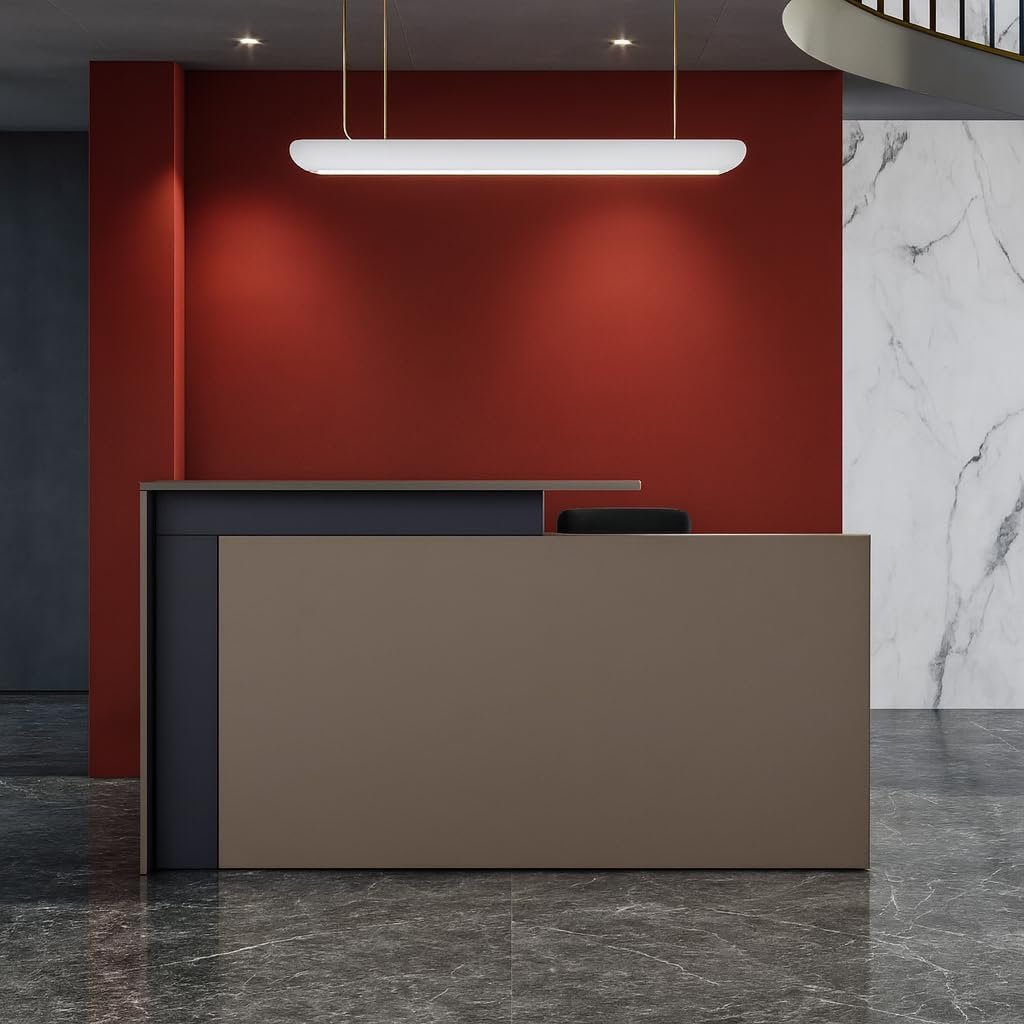 Karnak Modern Reception Desk 2-Person Office Counter | Front Desk for Office, Hotel & Restaurant Use | Durable Workstation Table (Black Oak Brown) - Image 13