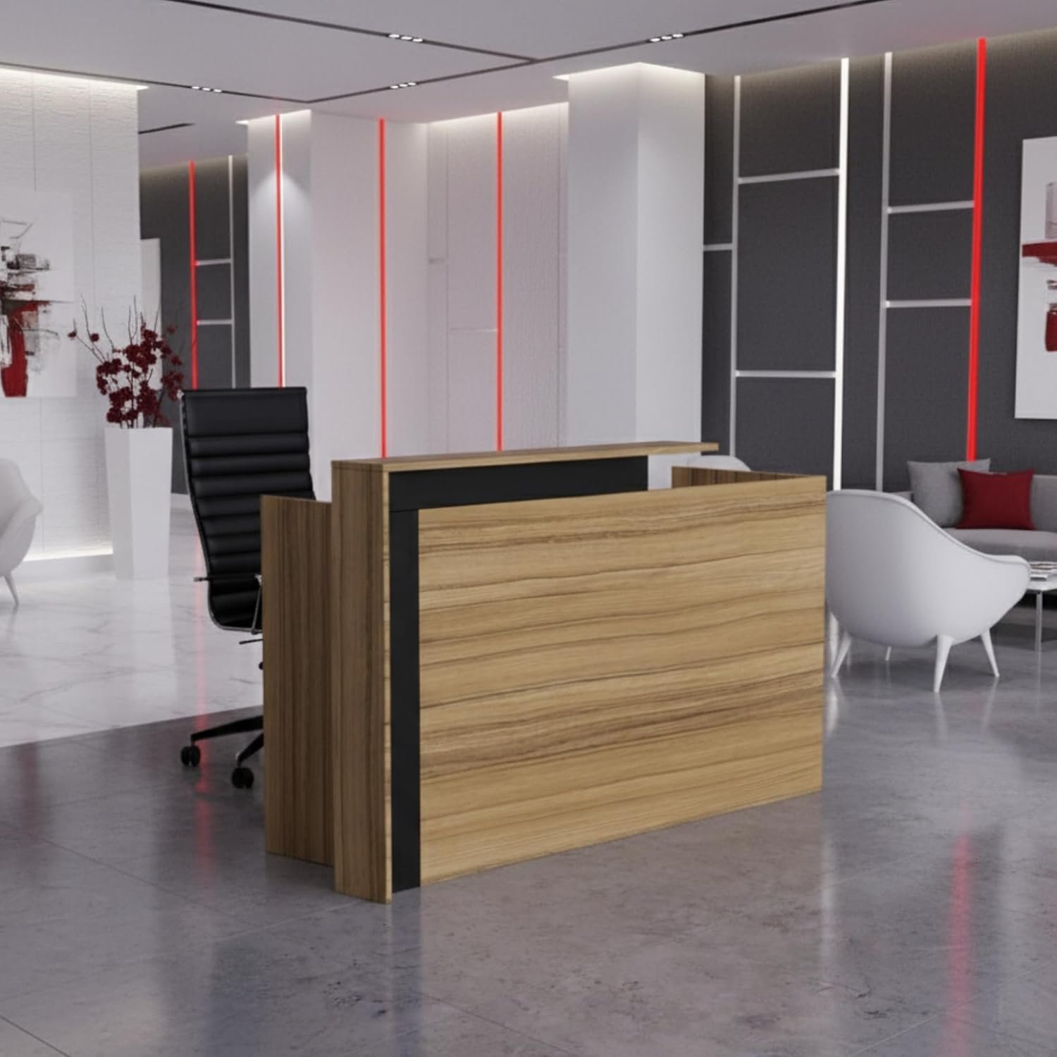 Karnak Modern Reception Desk 2-Person Office Counter | Front Desk for Office, Hotel & Restaurant Use | Durable Workstation Table (Black Oak Brown) - Image 22