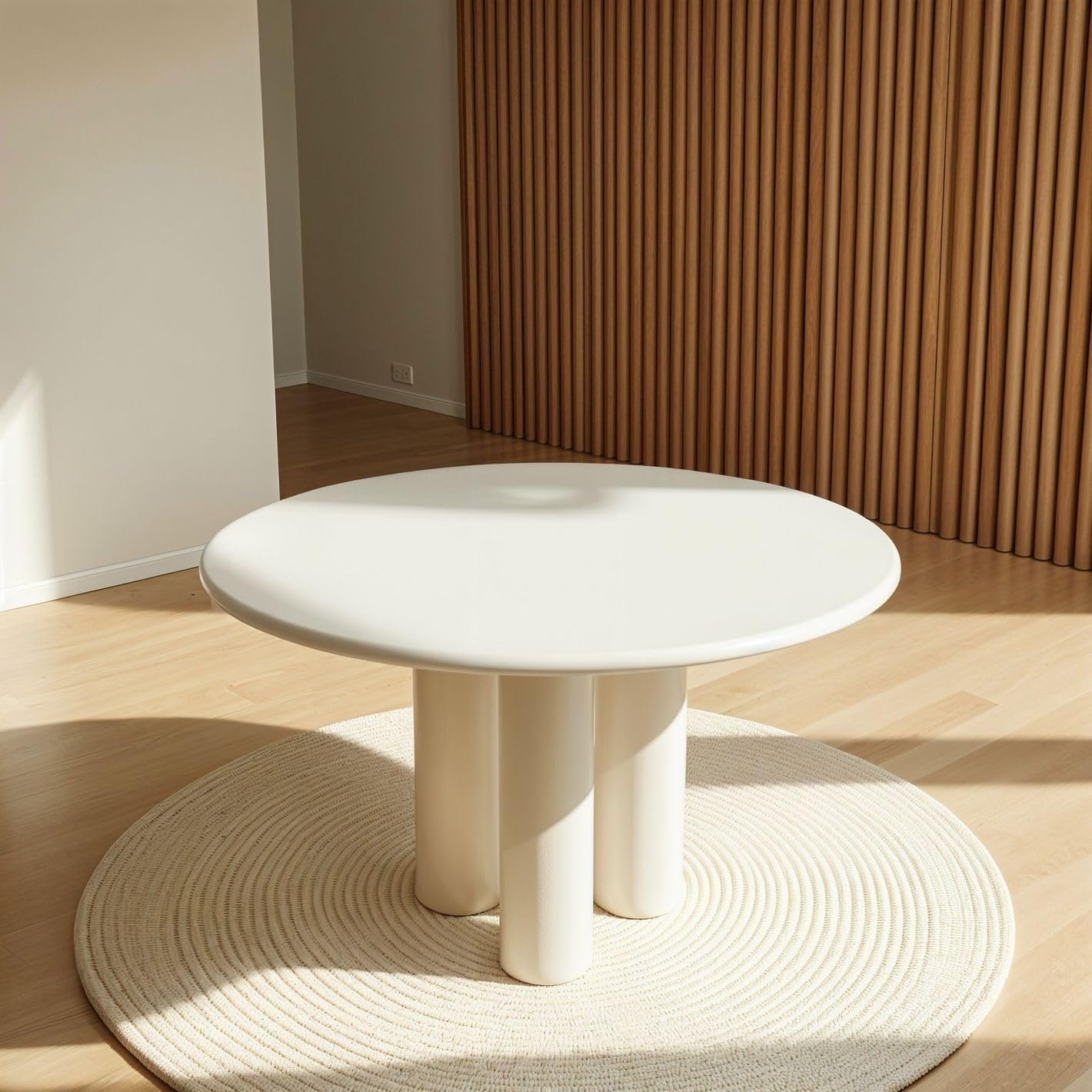 Karnak Petal 4-Seater Dining Table with Three-Leg Base | Round Table MDF Top | Textured Plaster Finish | Modern Luxe Style (Beige) - Image 3