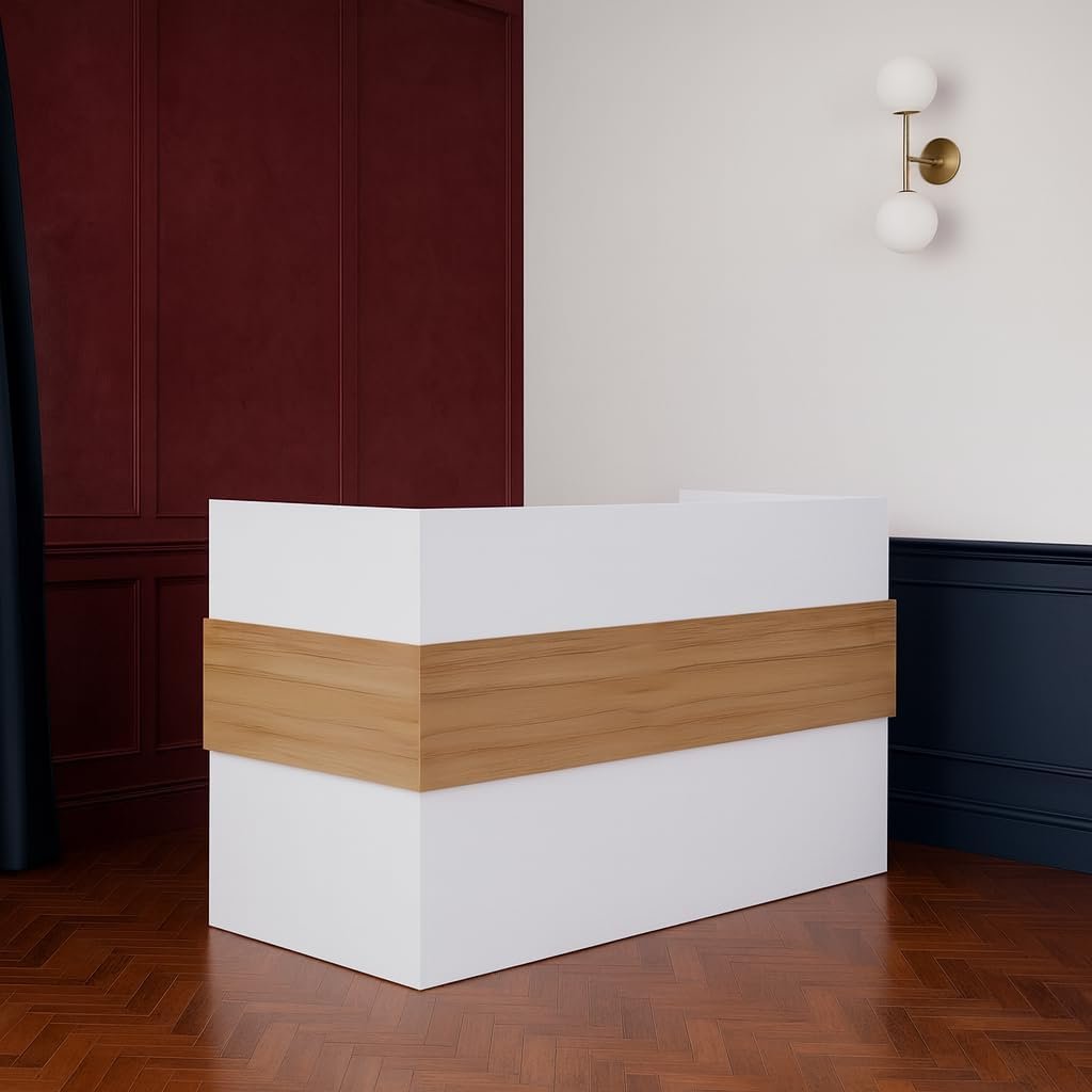 Karnak Reception Desk | Modern Office Front Desk for 2 Staff | 180cm Wide Reception Desk for Front Office Desk | Office, Hotel & Restaurant Use (Oak-Dust & Grey) - Image 25