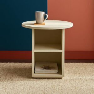 Karnak Seaside Side Table – Modern Round Accent Table for Living Room & Bedroom – Engineered Wood Design (Biege)