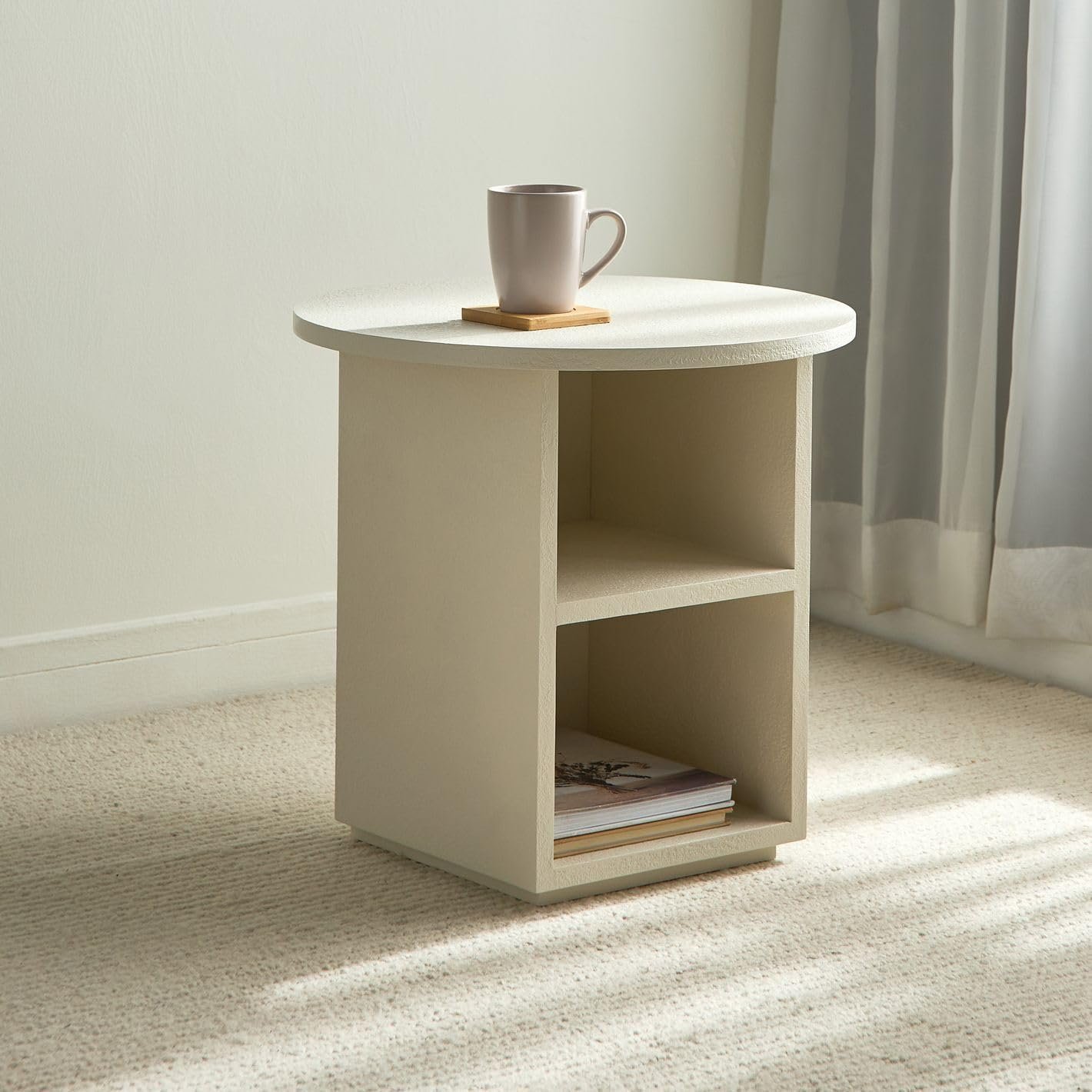 Karnak Seaside Side Table – Modern Round Accent Table for Living Room & Bedroom – Engineered Wood Design (Biege) - Image 2