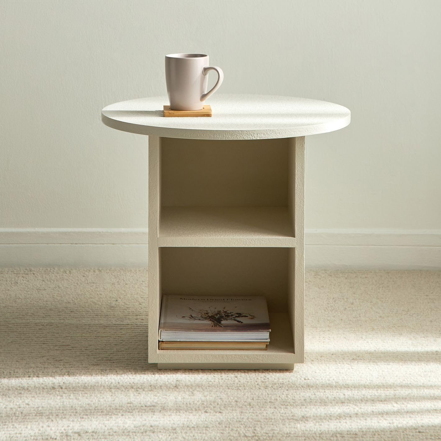 Karnak Seaside Side Table – Modern Round Accent Table for Living Room & Bedroom – Engineered Wood Design (Biege) - Image 6