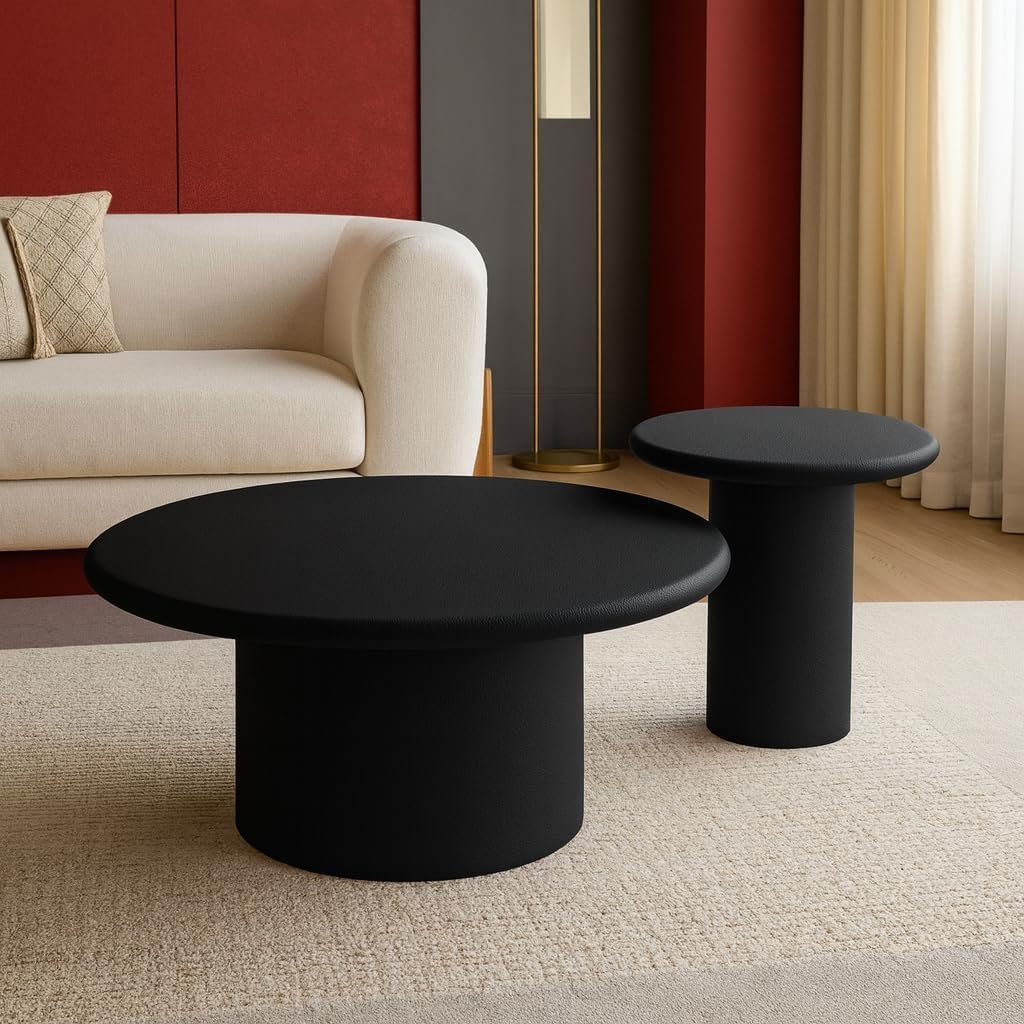 Karnak Sway 2-Piece Coffee Table Set | Modern Round MDF Tables with Plaster Finish | Pedestal Base Center Tables for Living Room Décor (Black)