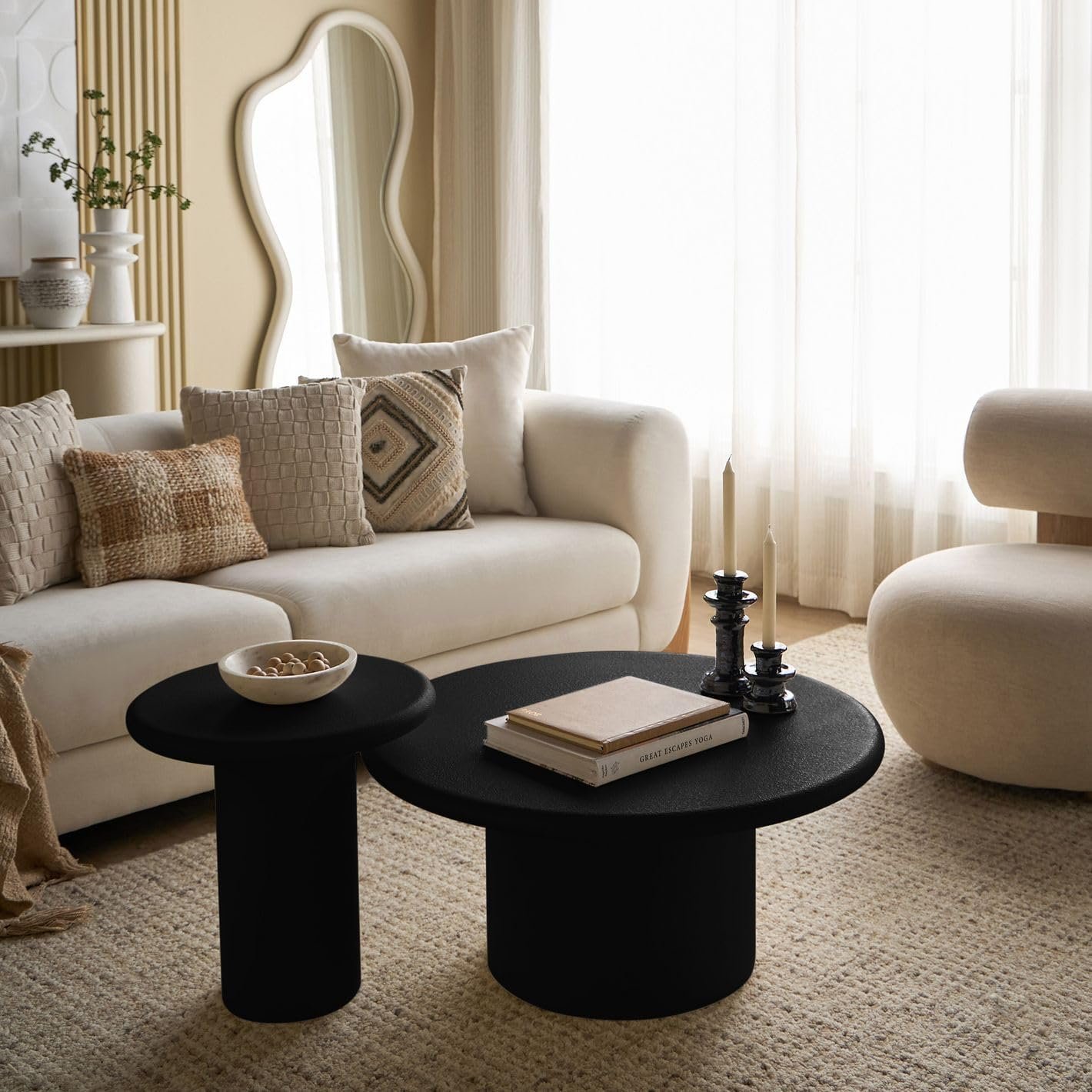 Karnak Sway 2-Piece Coffee Table Set | Modern Round MDF Tables with Plaster Finish | Pedestal Base Center Tables for Living Room Décor (Black) - Image 2