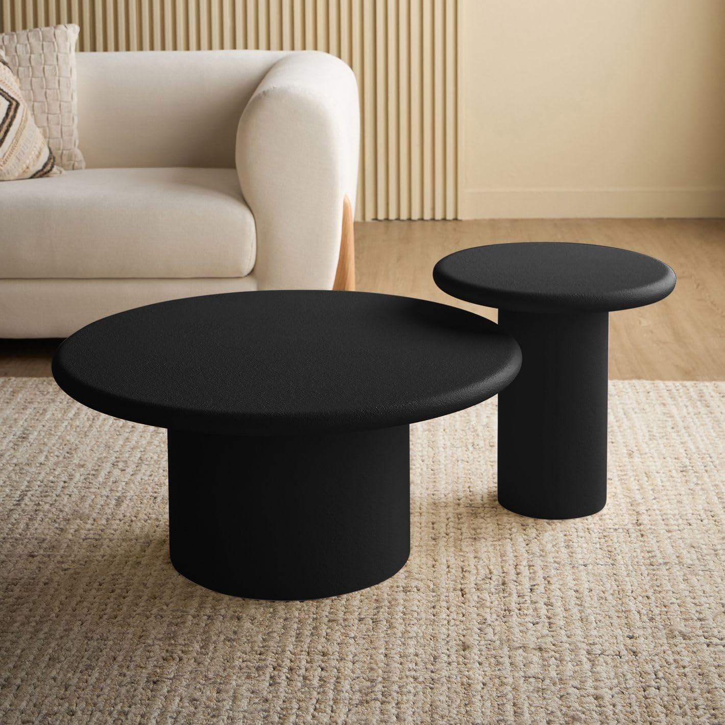 Karnak Sway 2-Piece Coffee Table Set | Modern Round MDF Tables with Plaster Finish | Pedestal Base Center Tables for Living Room Décor (Black) - Image 6