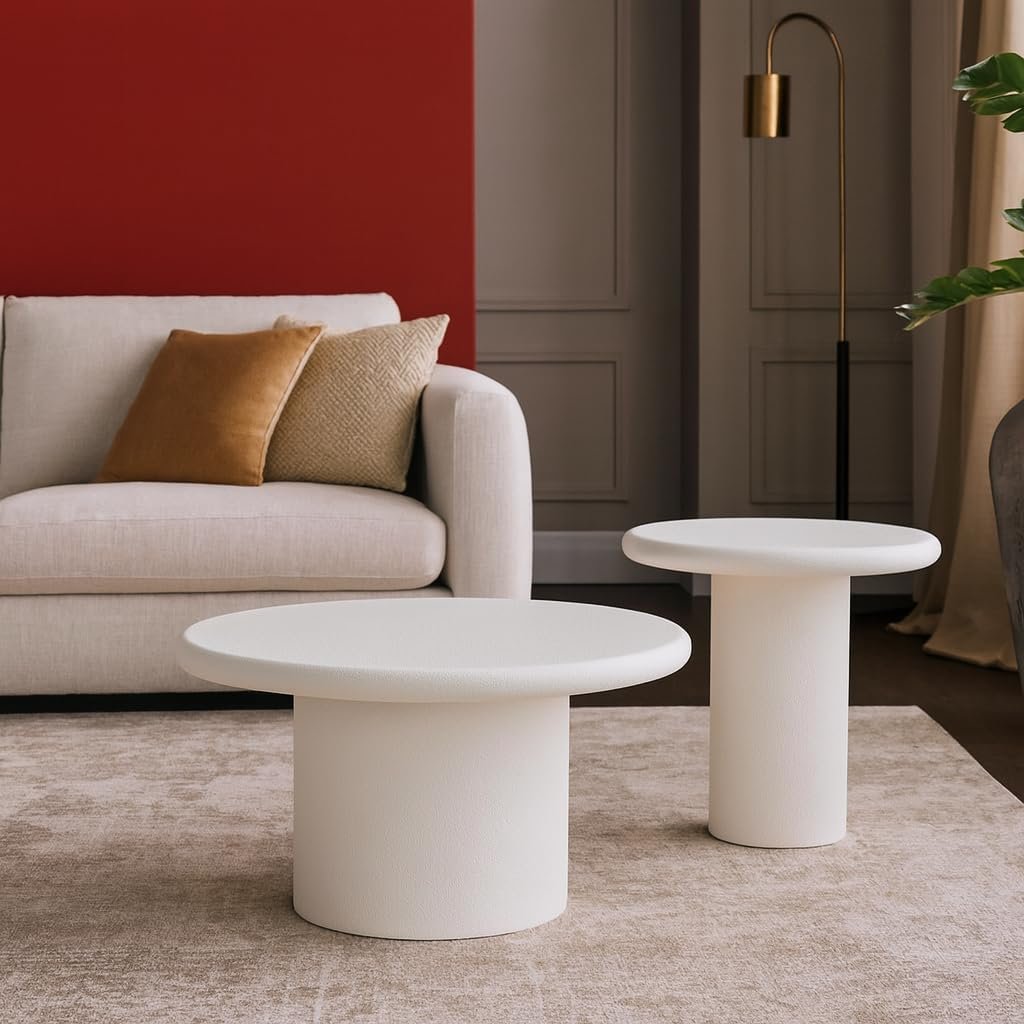 Karnak Sway 2-Piece Coffee Table Set | Modern Round MDF Tables with Plaster Finish | Pedestal Base Center Tables for Living Room Décor (Black) - Image 7