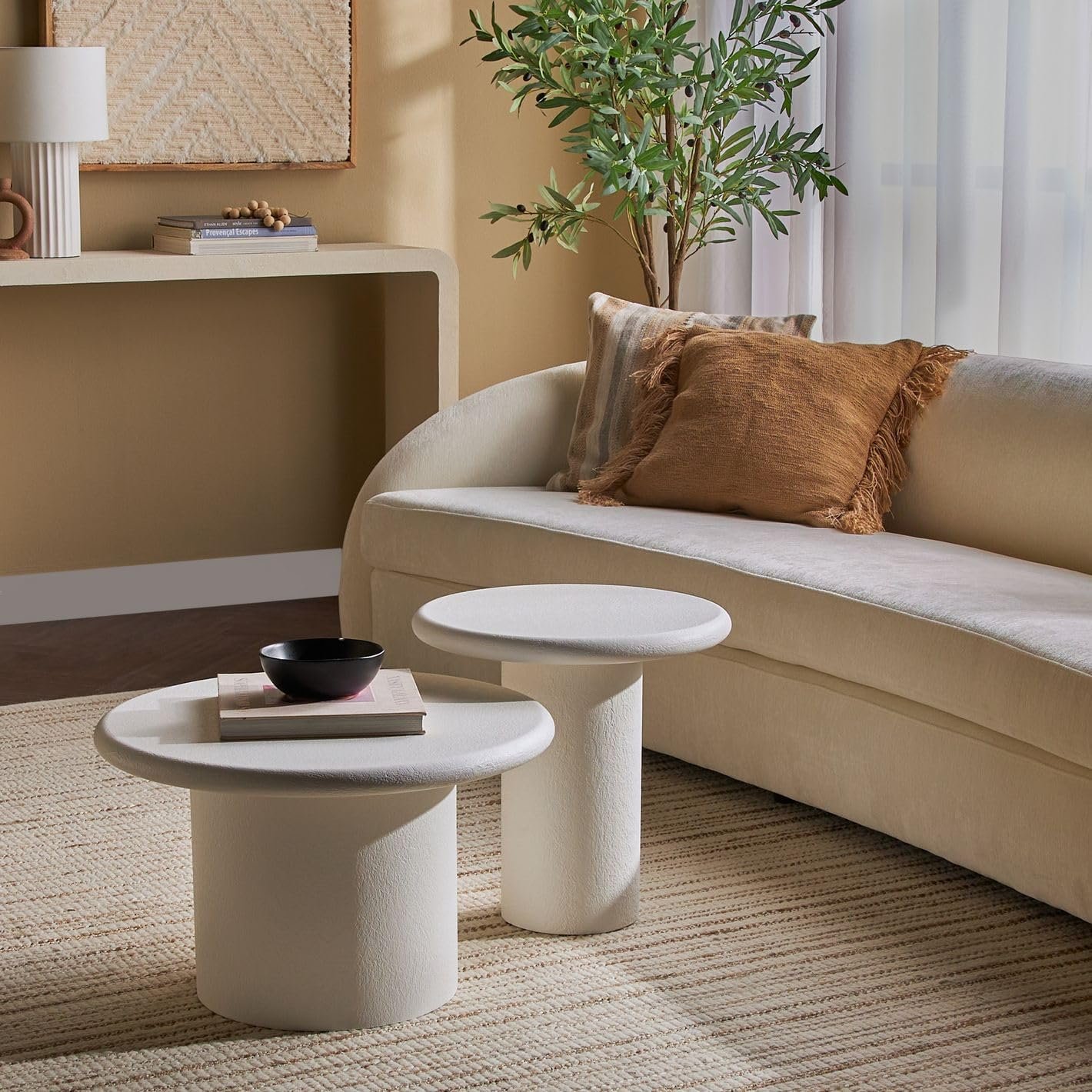 Karnak Sway 2-Piece Coffee Table Set | Modern Round MDF Tables with Plaster Finish | Pedestal Base Center Tables for Living Room Décor (Black) - Image 9