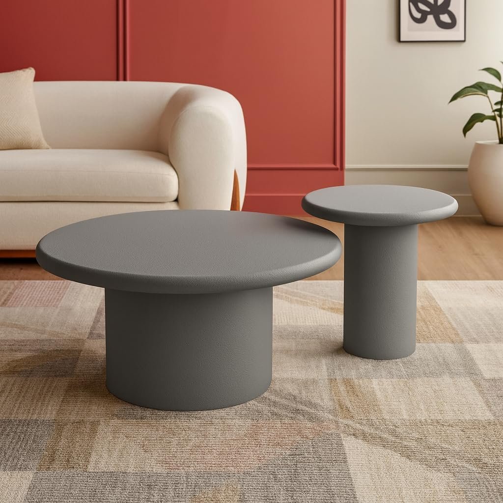 Karnak Sway 2-Piece Coffee Table Set | Modern Round MDF Tables with Plaster Finish | Pedestal Base Center Tables for Living Room Décor (Black) - Image 11