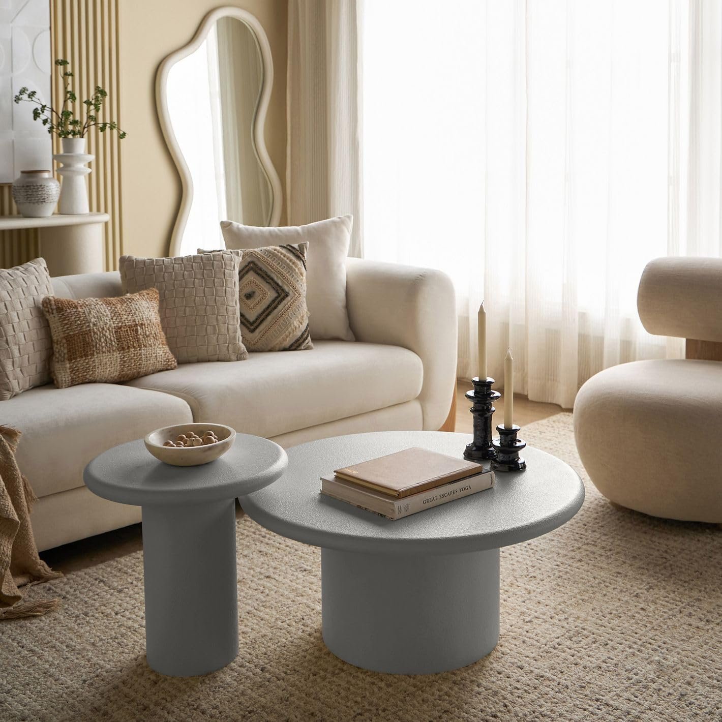 Karnak Sway 2-Piece Coffee Table Set | Modern Round MDF Tables with Plaster Finish | Pedestal Base Center Tables for Living Room Décor (Black) - Image 12