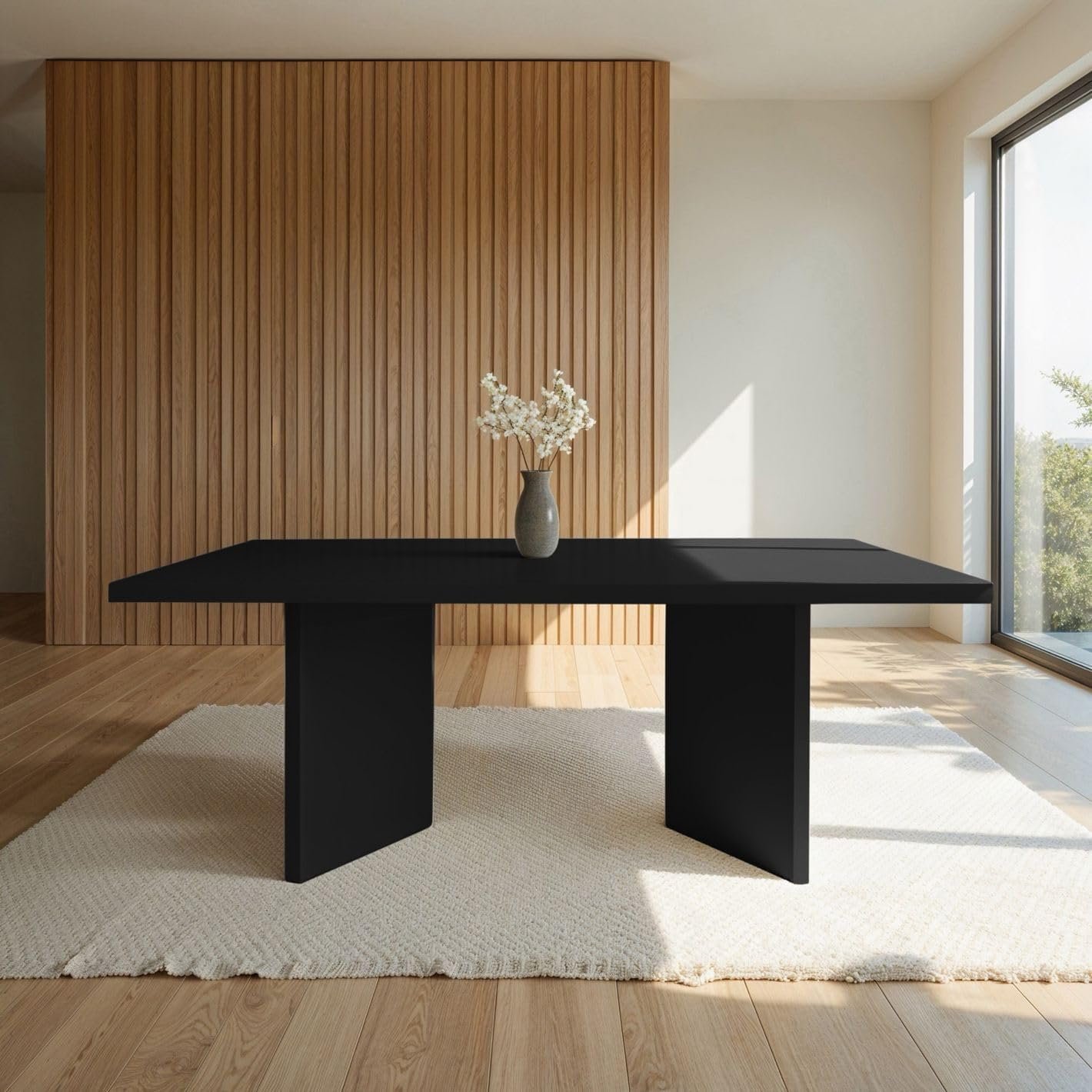 Karnak Whisper 8-Seater Dining Table with Rounded Edges, Twin Pedestal Base, Textured MDF Top, Modern Luxe Style (Black) - Image 2