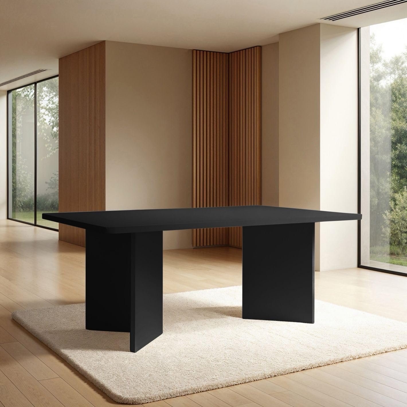 Karnak Whisper 8-Seater Dining Table with Rounded Edges, Twin Pedestal Base, Textured MDF Top, Modern Luxe Style (Black) - Image 3