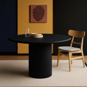 Karnak Willow 4-Seater Round Dining Table with Pedestal Base | Light Table MDF Top | Modern Luxe Minimalist Style (Black)