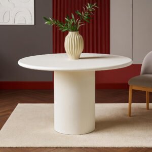 Karnak Willow 4-Seater Round Dining Table with Pedestal Base, Engineered MDF Top, Light Finish, Modern Luxe Style