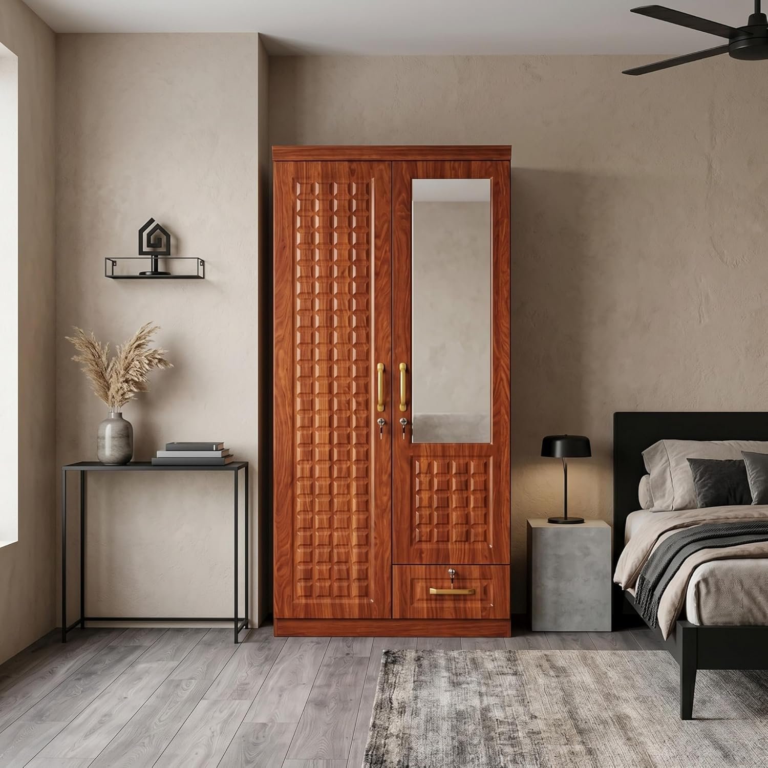 Karnak Braisen 2 door wooden wardrobe with mirror & Lockable Drawer storage Cabinet | Modern Engineered Wood Cupboard for Bedroom Storage