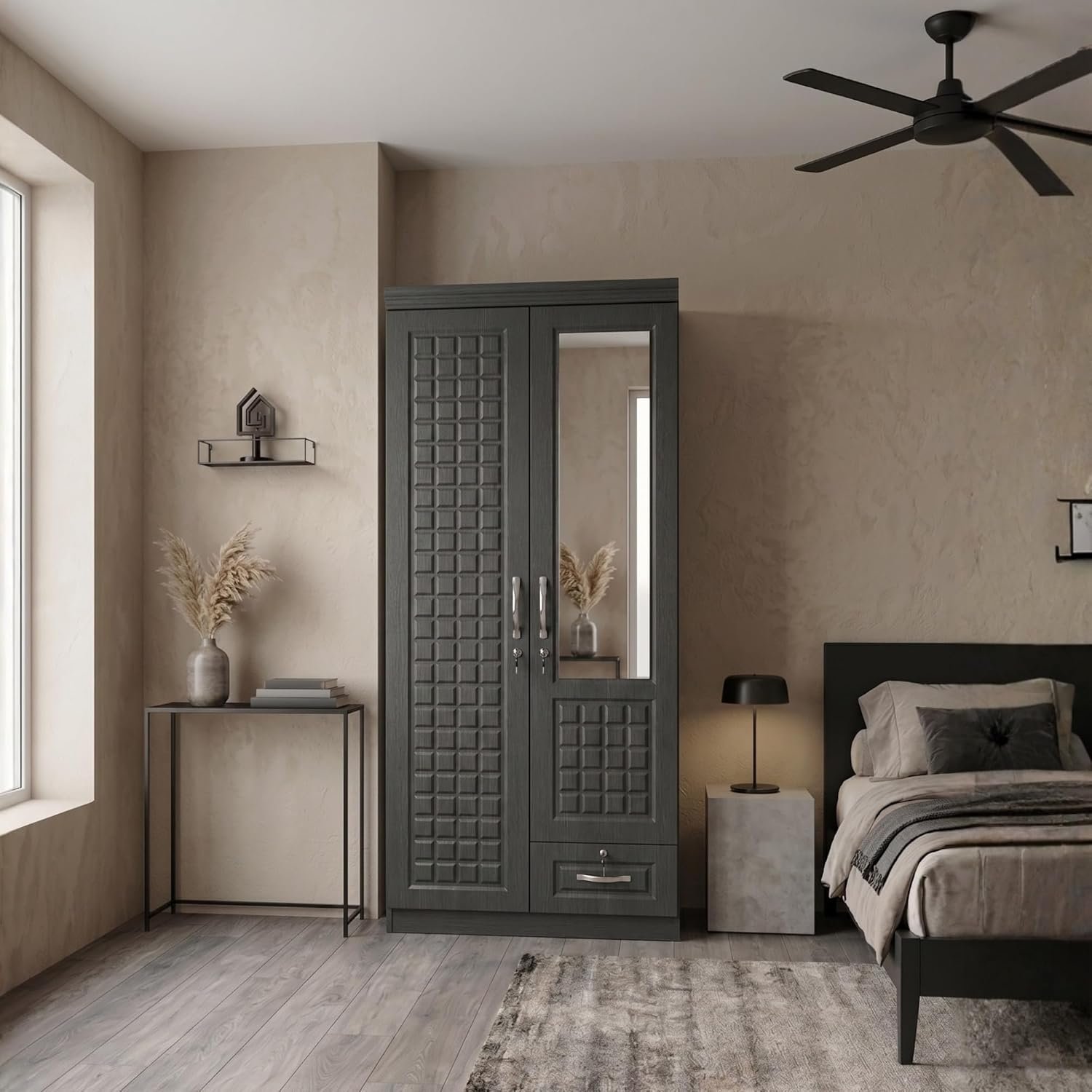 Karnak Braisen 2 door wooden wardrobe with mirror & Lockable Drawer storage Cabinet | Modern Engineered Wood Cupboard for Bedroom Storage - Image 3