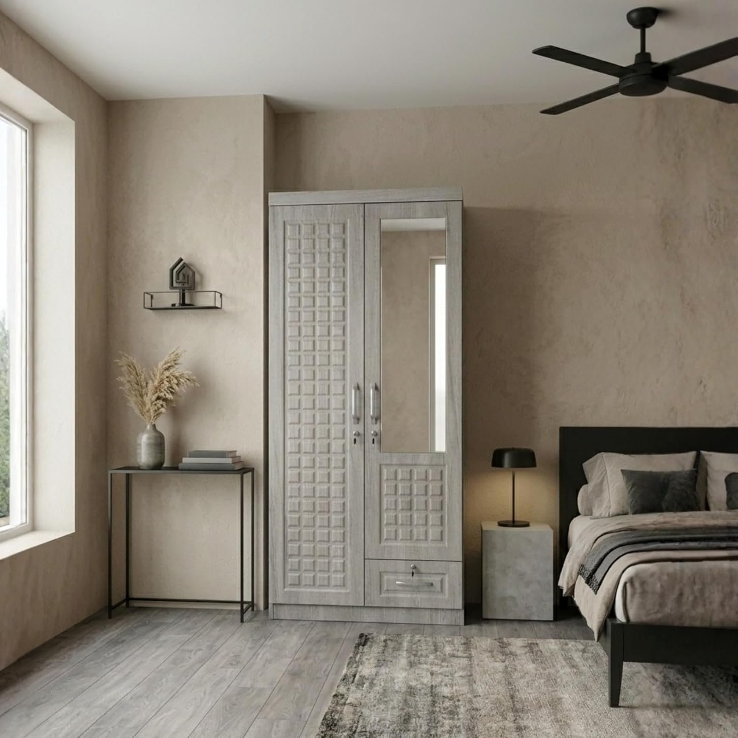 Karnak Braisen 2 door wooden wardrobe with mirror & Lockable Drawer storage Cabinet | Modern Engineered Wood Cupboard for Bedroom Storage - Image 5