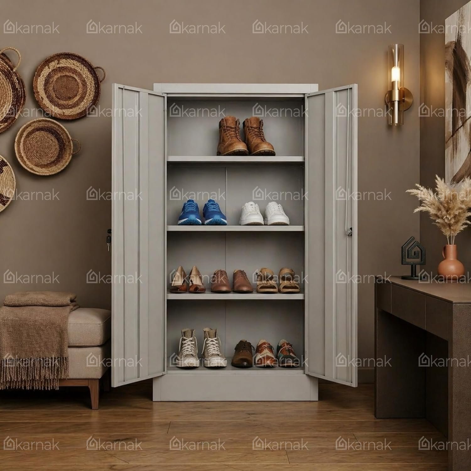 Karnak Chada Stainless Steel Shoe Rack | 4 Shelf Shoe Cabinet | Compact Shoe Storage Unit | 2 Door Metal Shoe Cabinet for Home Office & Entryway Furniture (Grey) - Image 3