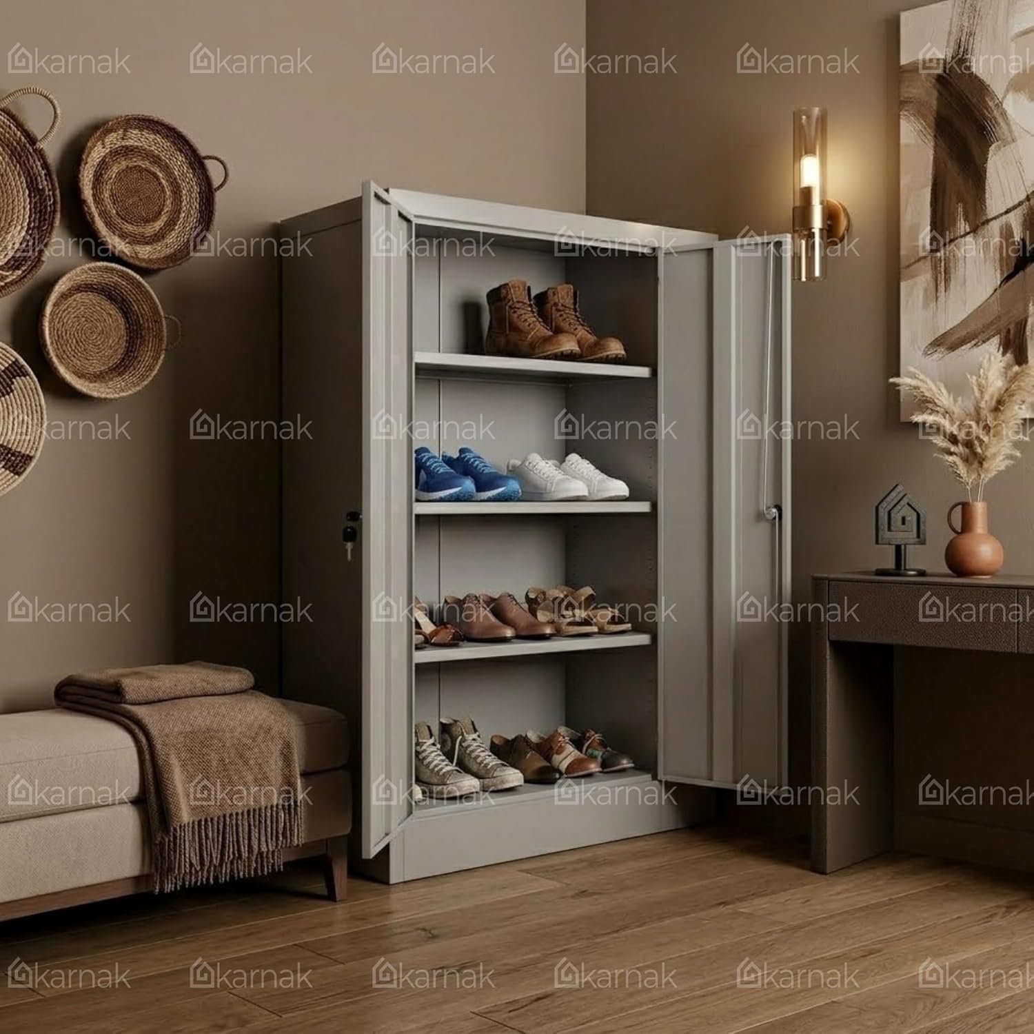 Karnak Chada Stainless Steel Shoe Rack | 4 Shelf Shoe Cabinet | Compact Shoe Storage Unit | 2 Door Metal Shoe Cabinet for Home Office & Entryway Furniture (Grey) - Image 5