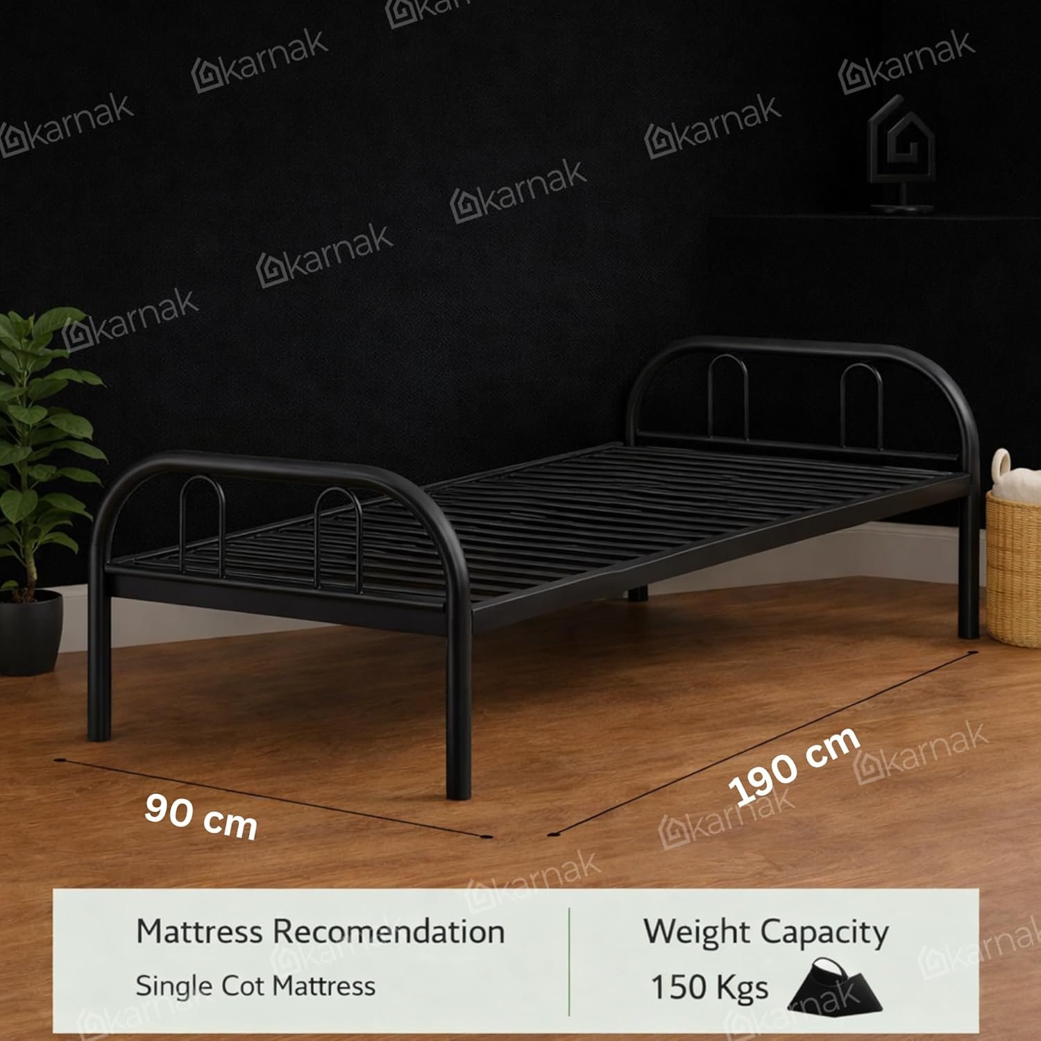 Karnak Inko Heavy Duty Steel Single Bed | Space-Saving & Durable Sturdy Bed Frame for Home, Bedroom, Guest Room, Furniture (Black) - Image 2
