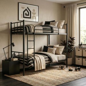 Karnak Casio Heavy Duty Steel Bunk Bed | Black Twin Layer Bed Frame | Durable & Space-Saving Loft Bunk Bed with Guard Rails and Ladder for Home, Apartment, Staff or Hostel Furniture