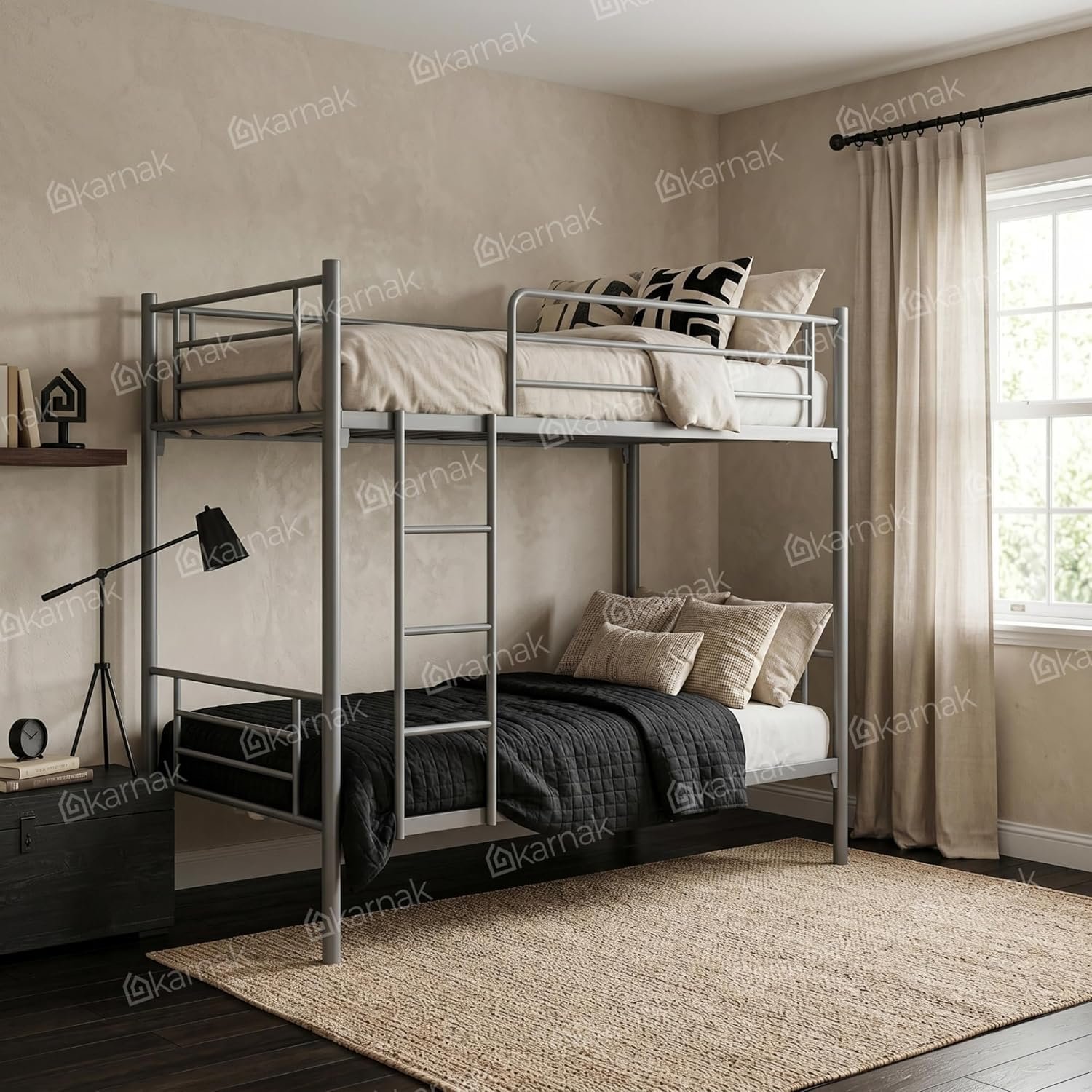 Karnak Labounty Heavy Duty Steel Bunk Bed | Grey Twin Layer Bed Frame | Durable & Space-Saving Loft Bunk Bed with Guard Rails and Ladder for Home, Apartment, Staff or Hostel Furniture - Image 3