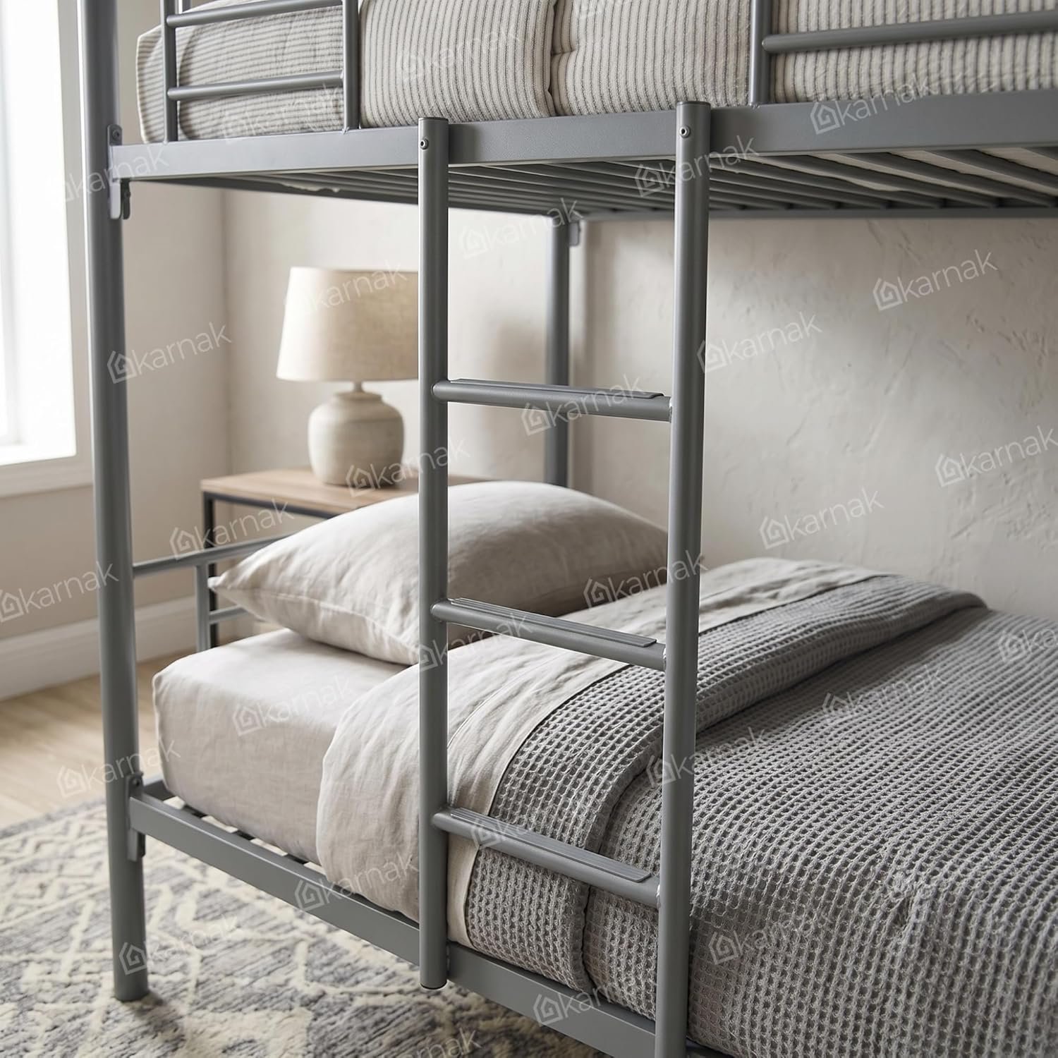Karnak Labounty Heavy Duty Steel Bunk Bed | Grey Twin Layer Bed Frame | Durable & Space-Saving Loft Bunk Bed with Guard Rails and Ladder for Home, Apartment, Staff or Hostel Furniture - Image 4