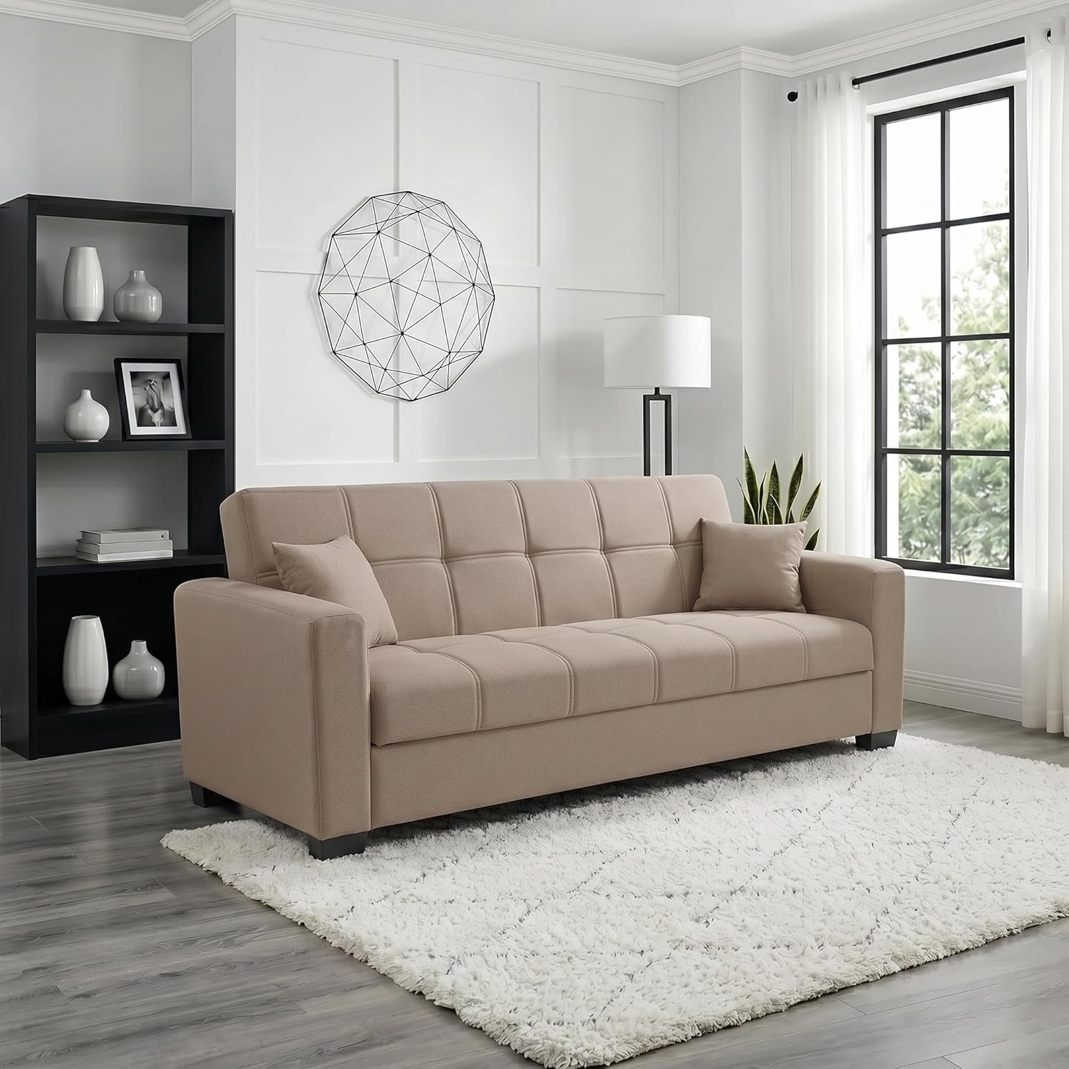 Modern Alba 2-in-1 Sofa Cum Bed with Storage & Cushions | 2 Seater Convertible Sofa Beds Tufted Design | Space-Saving Sleeper Sofa Bed for Living Room, Apartment, UAE Homes (Brown)
