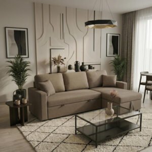 Karnak Hunter 3-Seater L Shape Sofa Cum Bed with Storage & Free Cushions | Convertible Corner Sofa Beds for Living Room, Apartment & Office UAE (Brown)