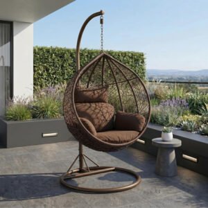 Karnak Samaira Hanging Swing Chair with Stand | Wicker Egg Nest Swing Chair for Balcony, Garden & Terrace Furniture | Outdoor Indoor Relaxing Basket Chair UAE (Brown)
