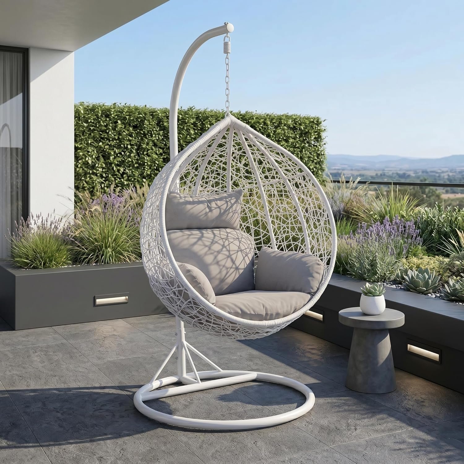 Karnak Samaira Hanging Swing Chair with Stand | Wicker Egg Nest Swing Chair for Balcony, Garden & Terrace Furniture | Outdoor Indoor Relaxing Basket Chair UAE (White)
