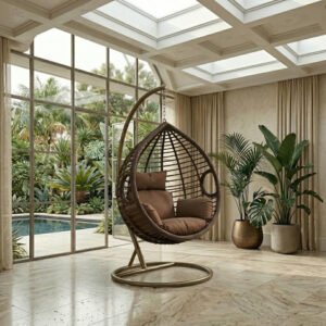 Karnak Faringham Heavy Duty Hanging Chair with Stand | Basket Wicker Swing Chair with Cushions | Outdoor Egg Chair for Balcony & Terrace (Brown)