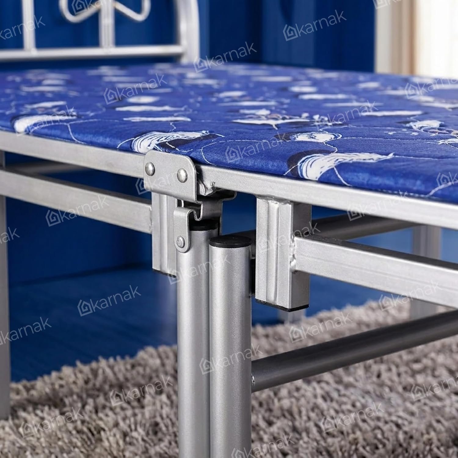 Karnak Kyus Heavy Duty Metal Folding Bed | Portable Steel Frame Foldable Bed | Space Saving Design for Apartment, Bedroom Furniture (Silver & Blue) - Image 4