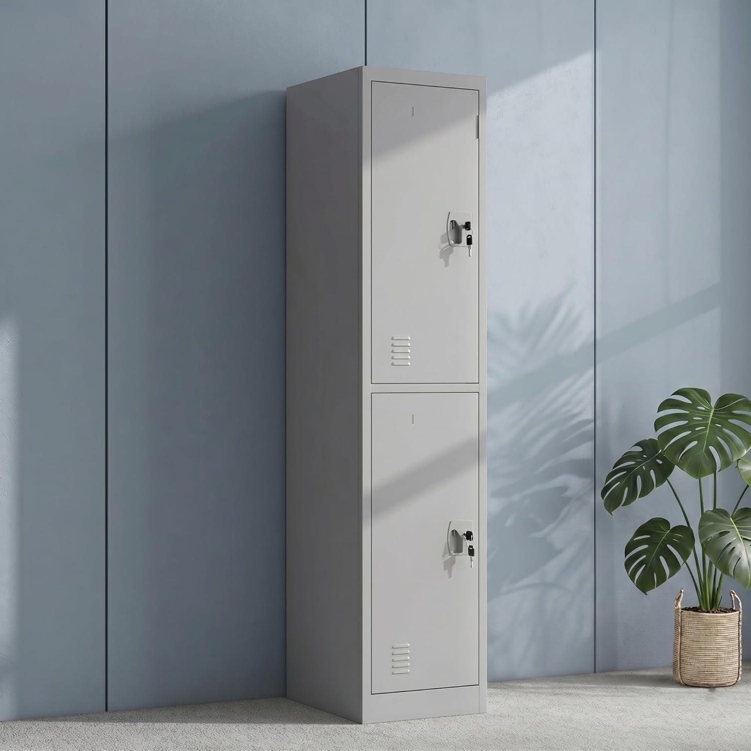 Karnak Alvora 2-Door Steel Locker with Storage & Shelves | Metal Cabinet for Home, School & Office | Secure Key Lock, Plastic Handles, Multi-Compartment Organizer (Grey)