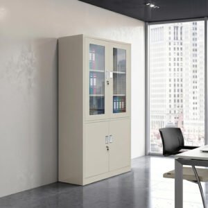 Karnak Kearria 2 Door Metal File Cabinet With Upper Glass & Key Lock | Office Cupboard File Storage Cabinet for Home, School & Office Storage (Grey)