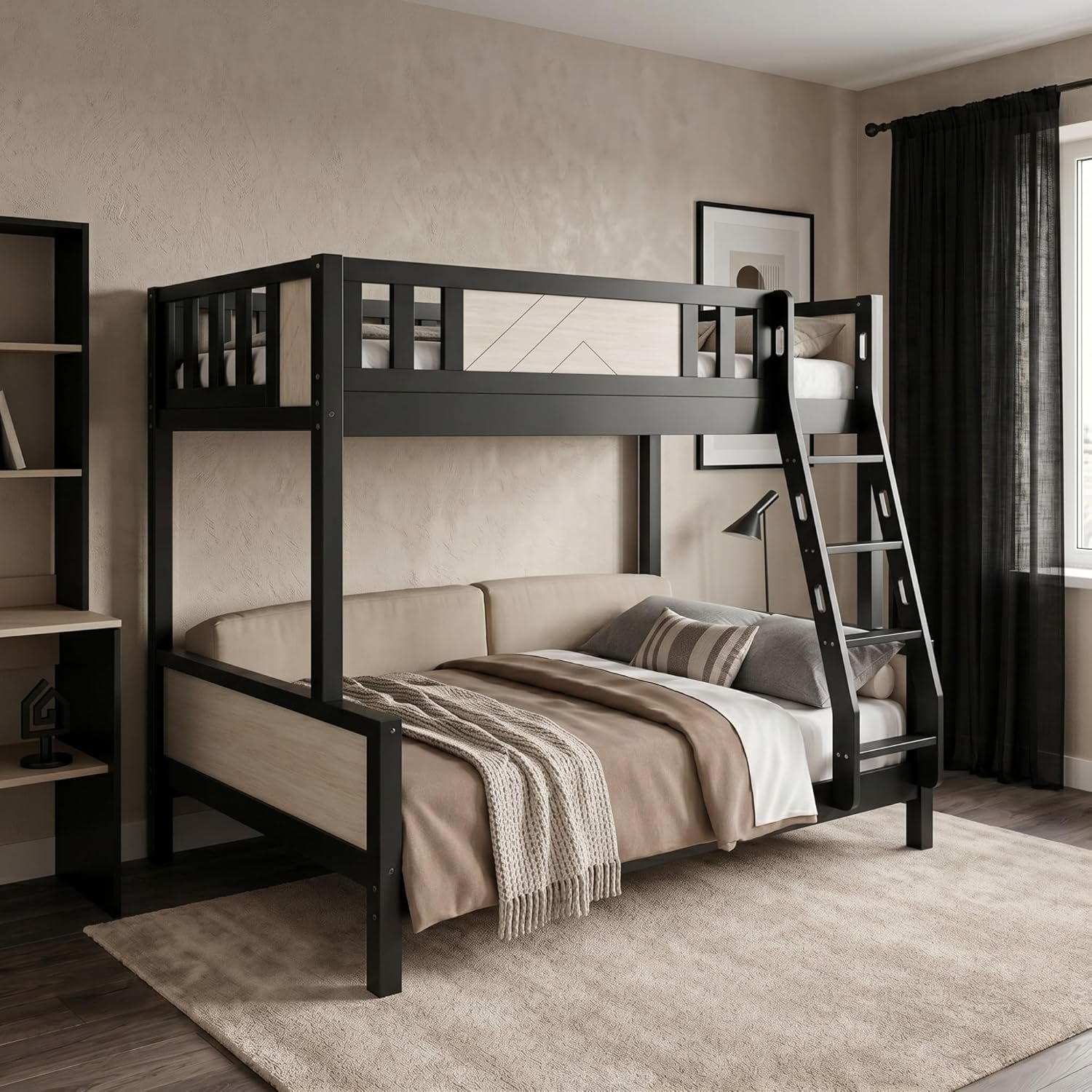 Karnak Noirvex Wooden Bunk Bed with Ladder & Guardrail | Space-Saving Solid Wood Single Size Bunk Bed Frame | Twin Bunk Bed for Kids, Teens, Bedroom Furniture (Wenge & White)