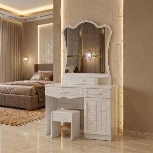 Karnak Boon Dressing Table with Mirror | Storage Drawers and Cabinet | Makeup Vanity Table with Stool | Space Saving Bedroom Furniture (White)